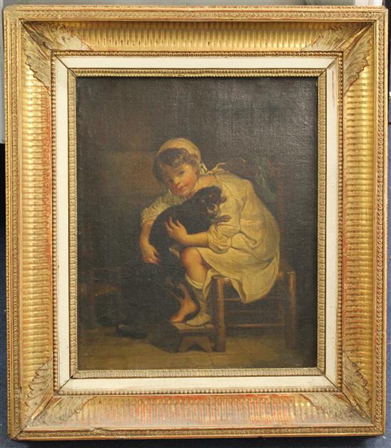 Victorian School Interior with child holding a terrier, 18 x 15in.